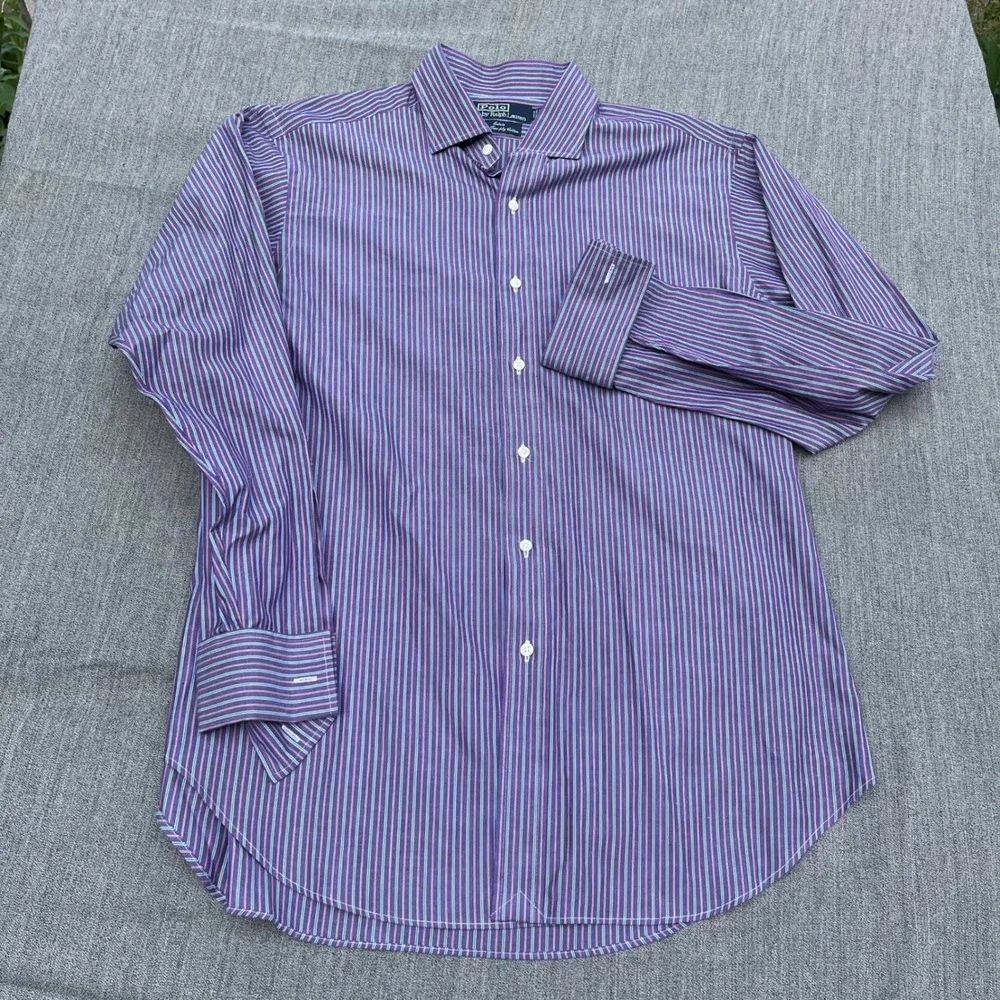 Polo Ralph Lauren Estate Shirt Mens 16.5 34 Purple Teal Striped 2-Ply Cotton